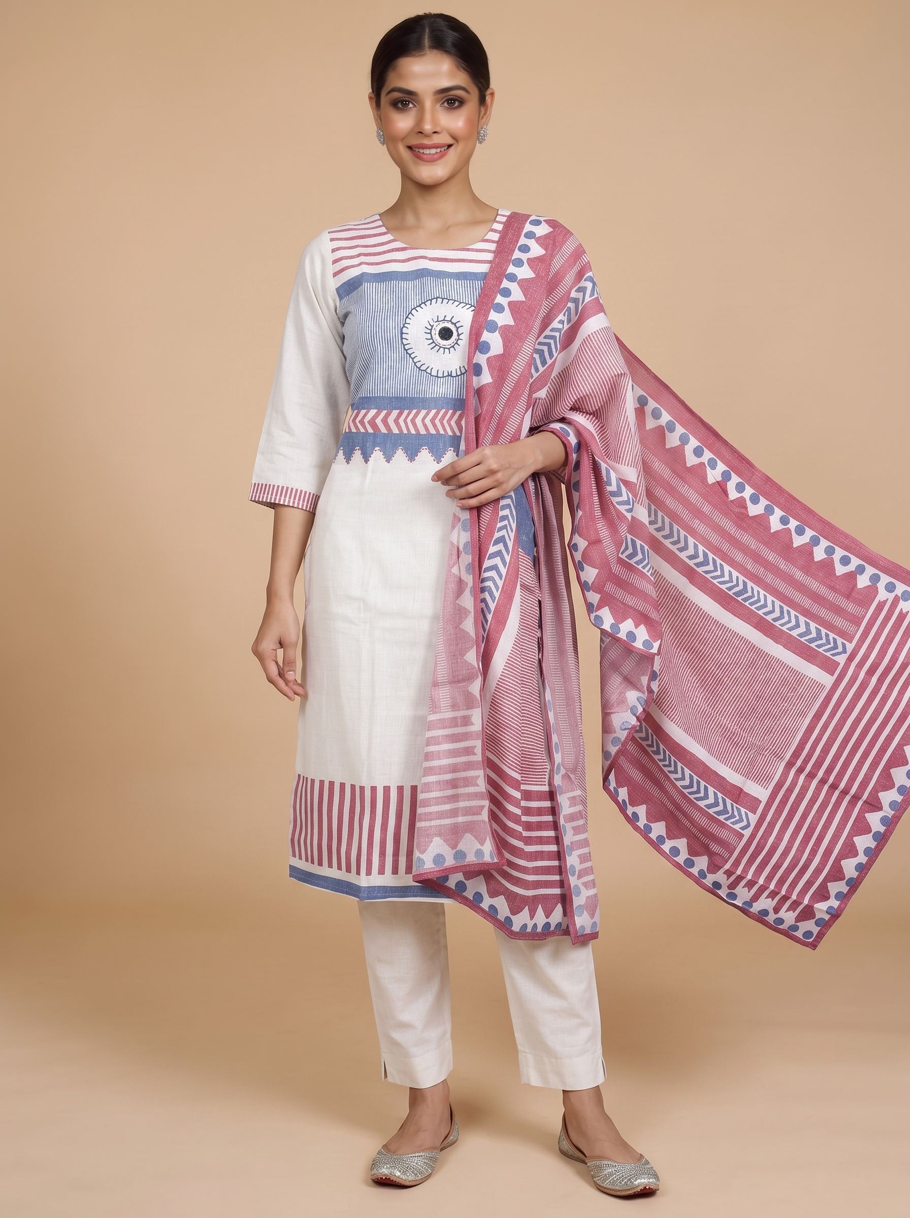 Off-White with Red and Blue Ready Made Kurti Set