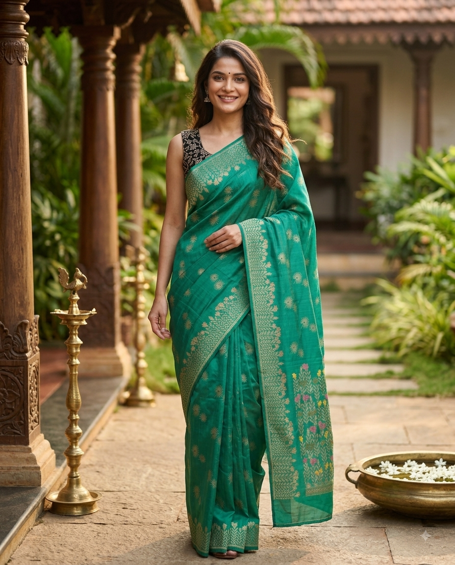 Sea Green and Gold Semi Raw Silk Saree