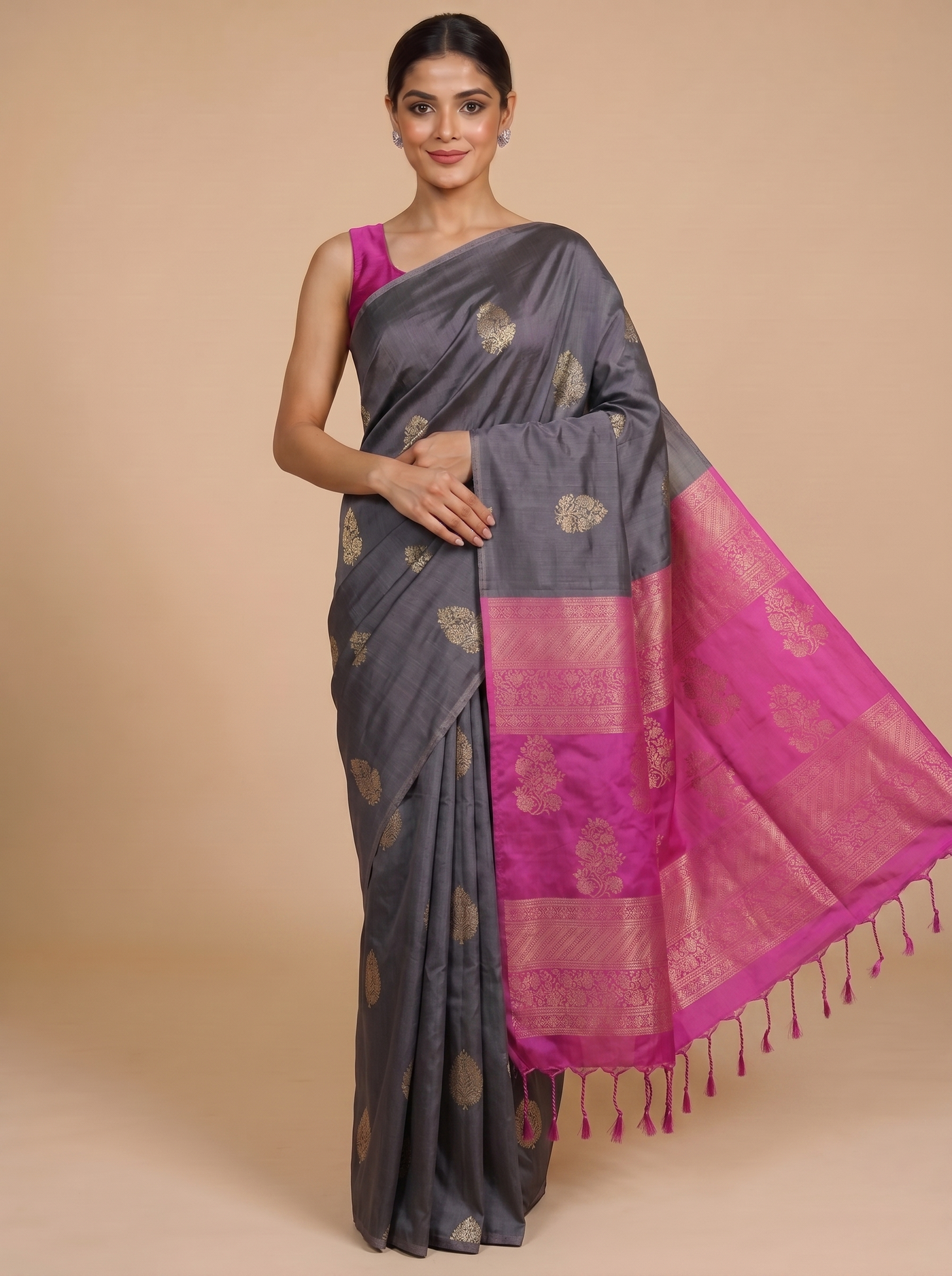 Dark Grey with Magenta Pink - Semi Silk Saree