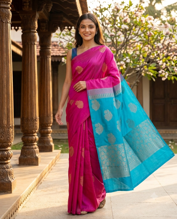Magenta Pink with Turquoise Blue - Semi Silk Saree