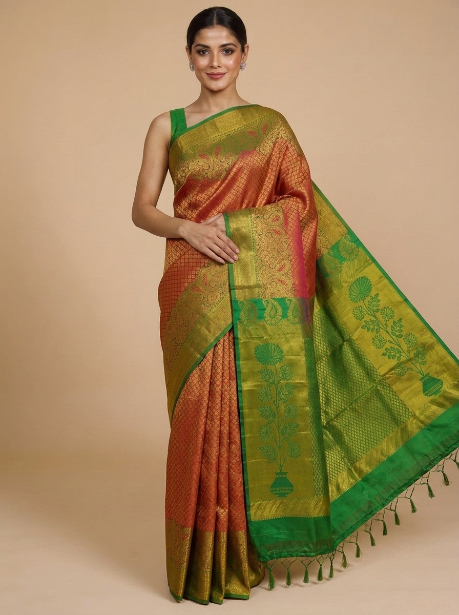 Crimson Pink and Parrot Green Pure Kanchipuram Silk Saree