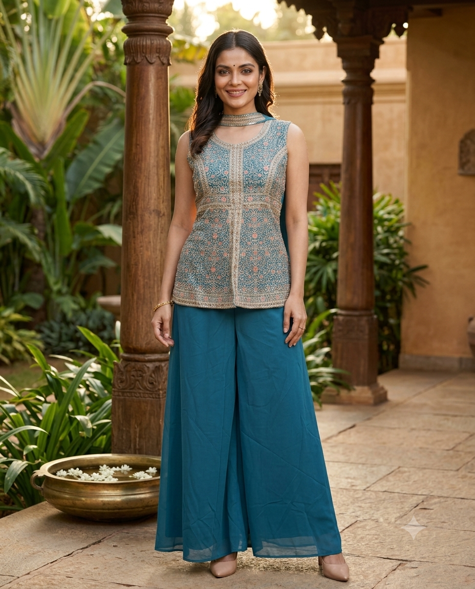 Teal Blue Georgette Floral Embroidered Sharara Set