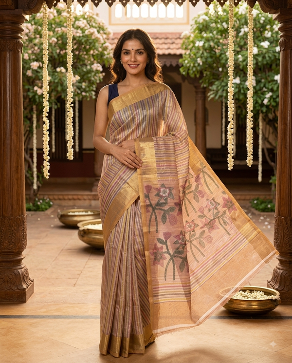 Beige and Multicolor Stripes with Peach Floral Pallu - Linen Cotton Saree