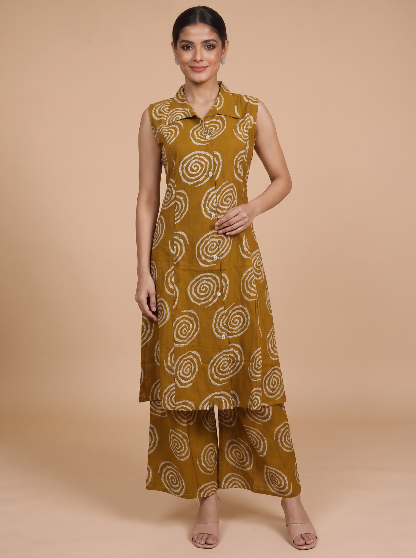 Mustard Yellow Cotton Batik Print Co-ord Set with A-Line Cut