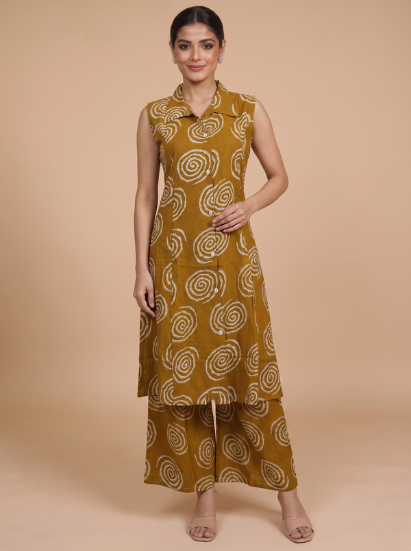 Mustard Yellow Cotton Batik Print Co-ord Set with A-Line Cut