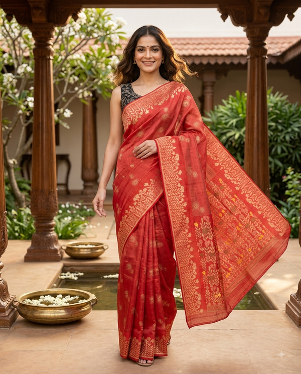 Red and Gold Semi Raw Silk Saree