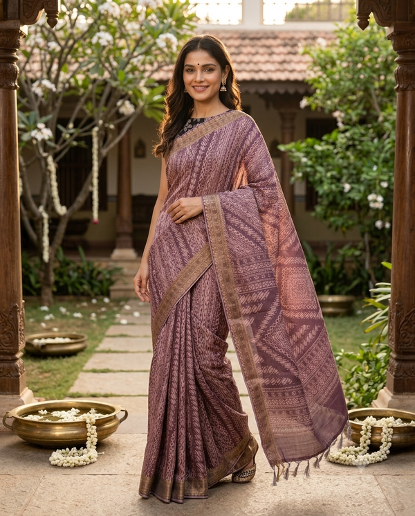Mauve and Antique Gold Dola Silk Saree