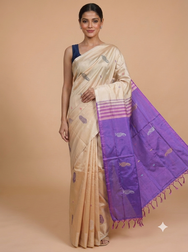 Cream and Purple Banana Silk Sarees