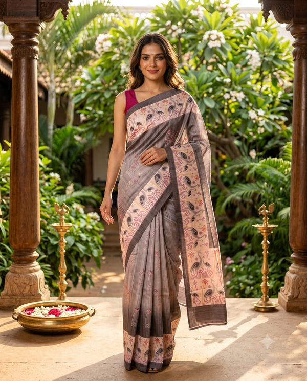 Steel Grey with Cream - Semi Tussar Saree