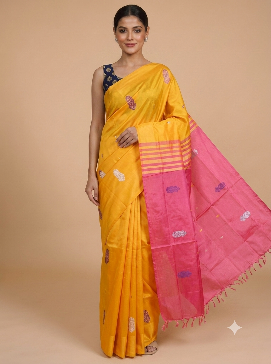Mustard Yellow and Pink Banana Silk Sarees
