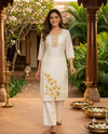 White Yellow Floral Embroidered Cotton  Kurti Top