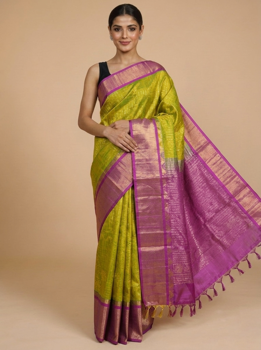 Elegant  Lime Green and Magenta Pink Pure Silk Cotton Saree