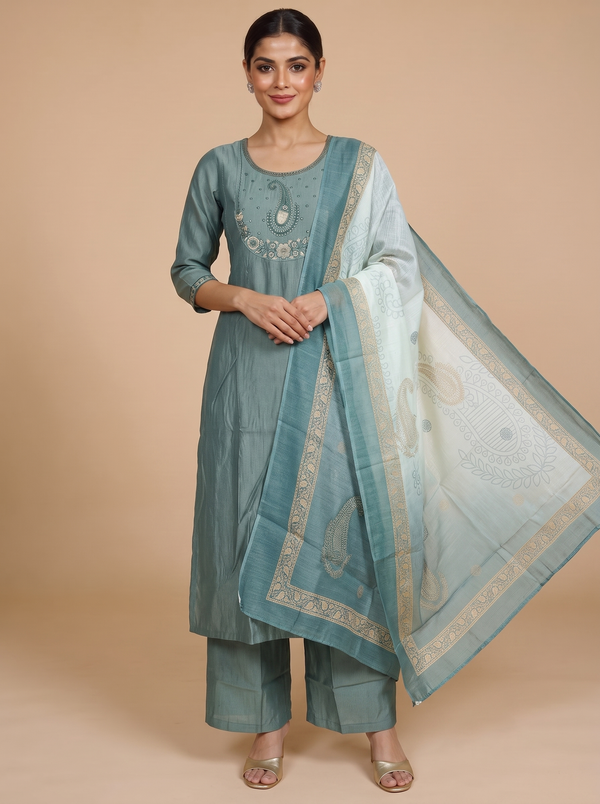 Dusty Teal Embroidered Ready Made Umbrella Kurti Set with Printed Dupatta