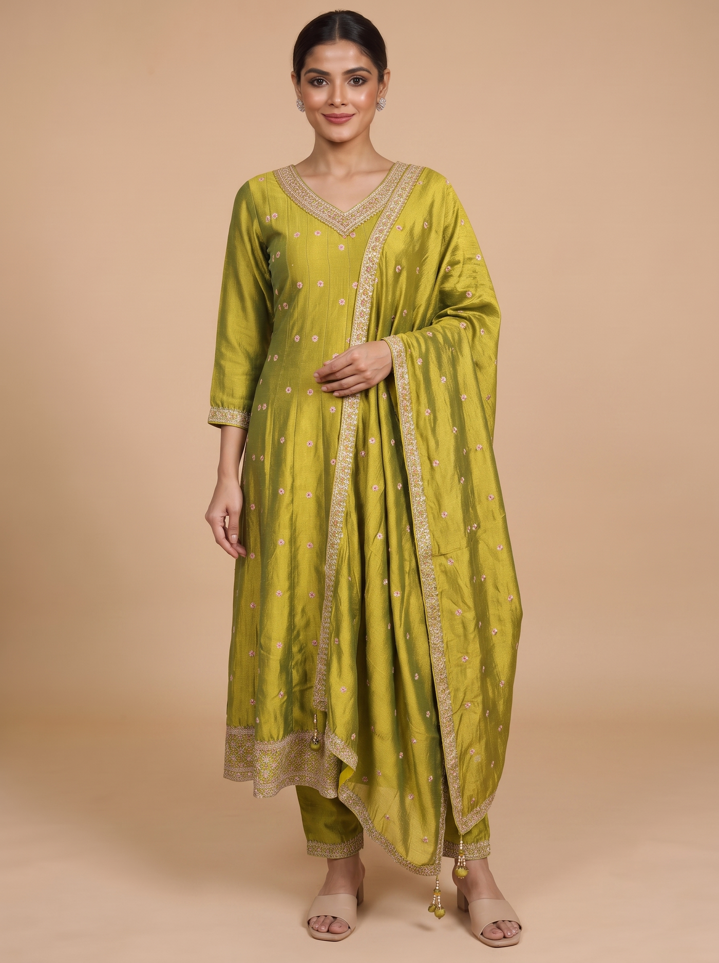 Olive Green with Zari  Dupatta Ready Made Kurti Set