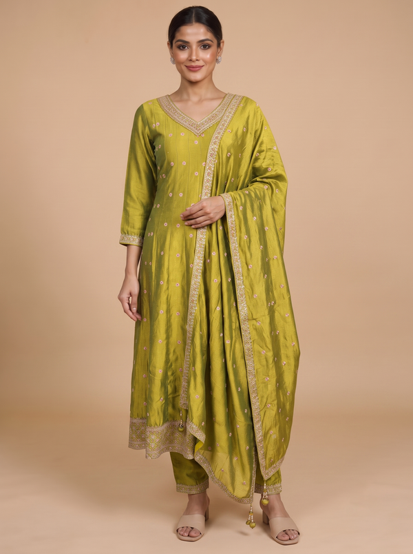 Olive Green with Zari  Dupatta Ready Made Kurti Set