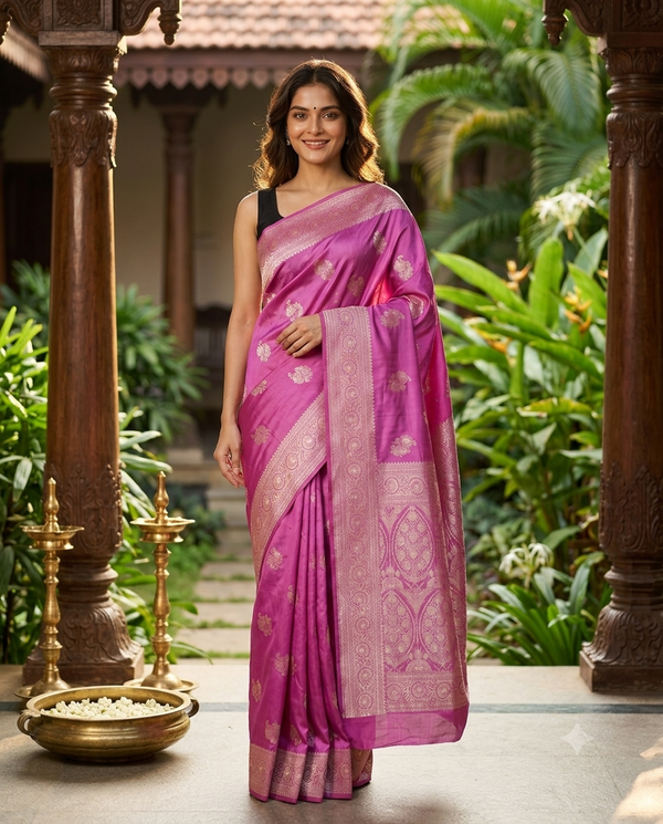 Magenta Pink with Silver/Gold Zari - Semi Tussar Saree