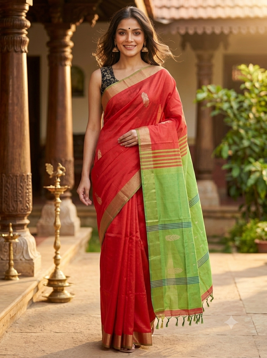 Red and Lime Green Banana Silk Sarees