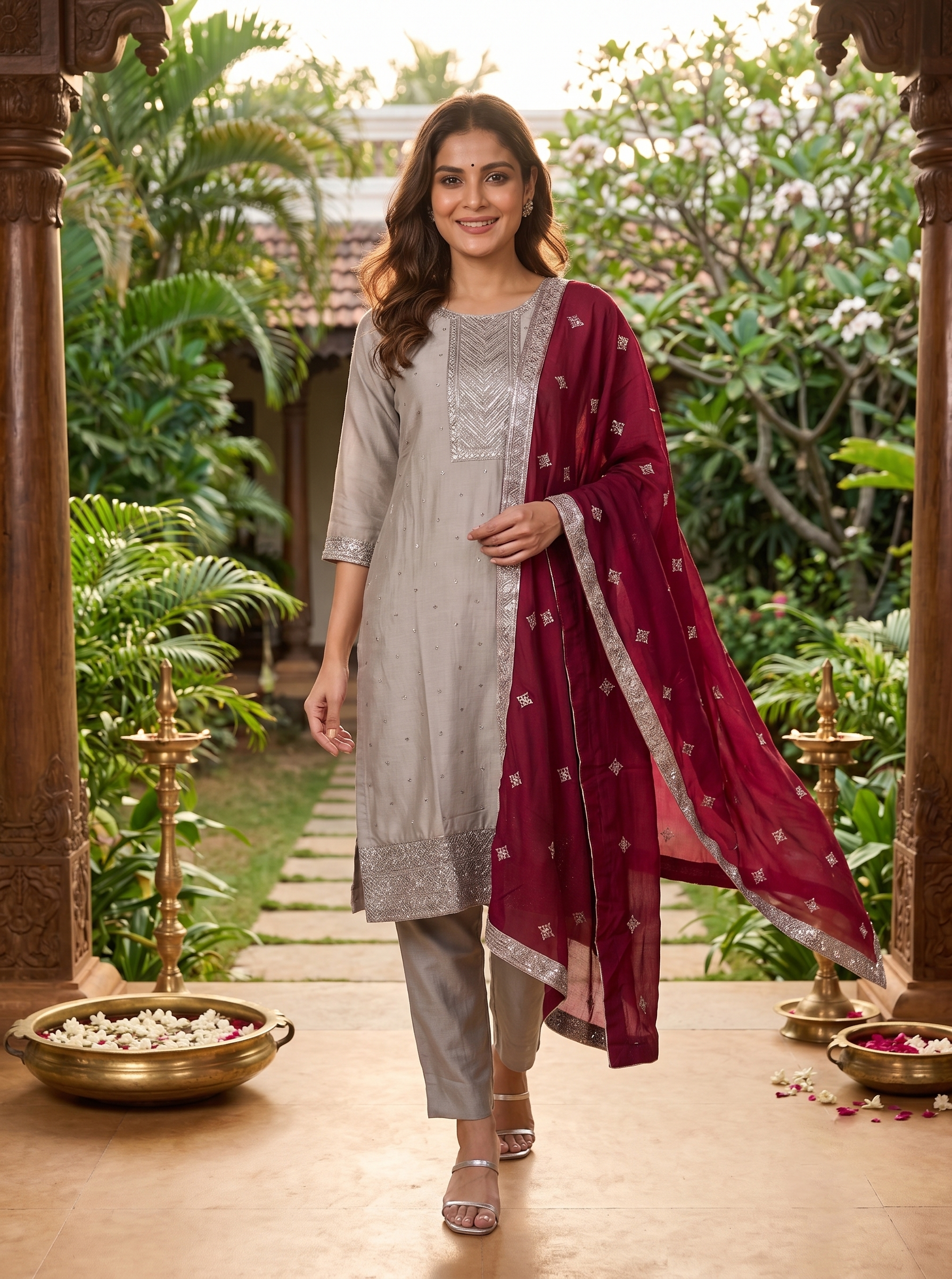 Grey with Maroon Dupatta Ready Made Kurti Set