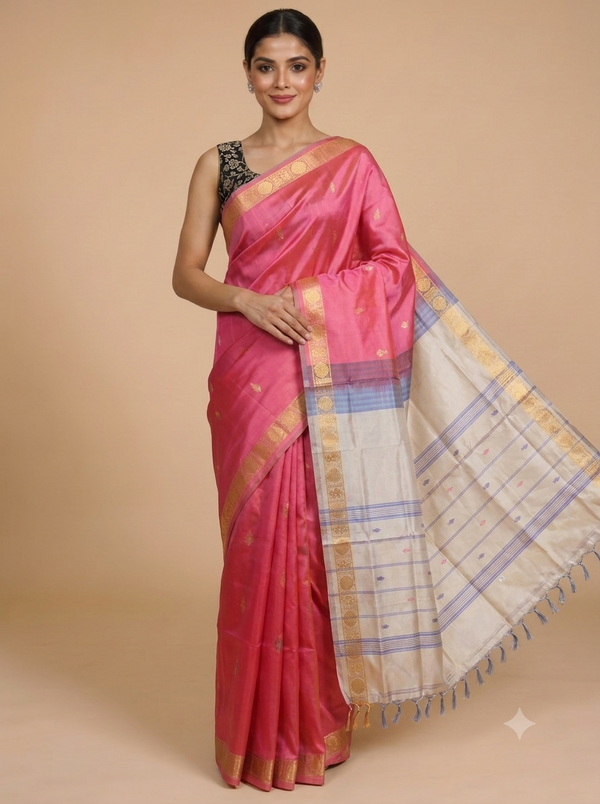 Rose Pink and Cream Banana Silk Sarees