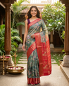 Olive Green with Red Pallu - Semi Raw Silk Saree