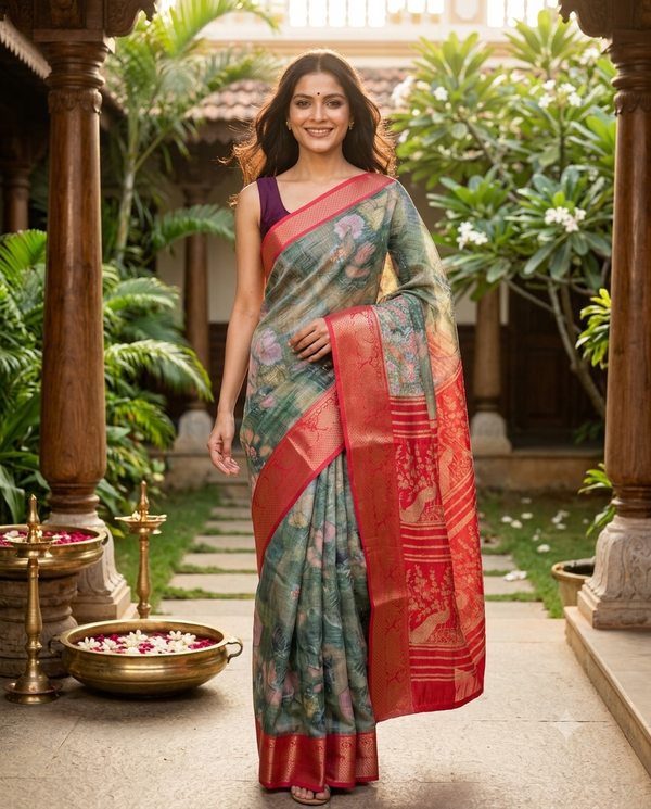 Olive Green with Red Pallu - Semi Raw Silk Saree