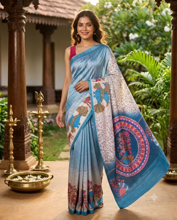 Sky Blue with Teal - Semi Tussar Saree