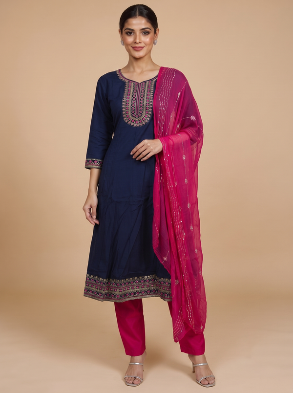 Navy Blue with Magenta Dupatta Anarkali Kurti  Set