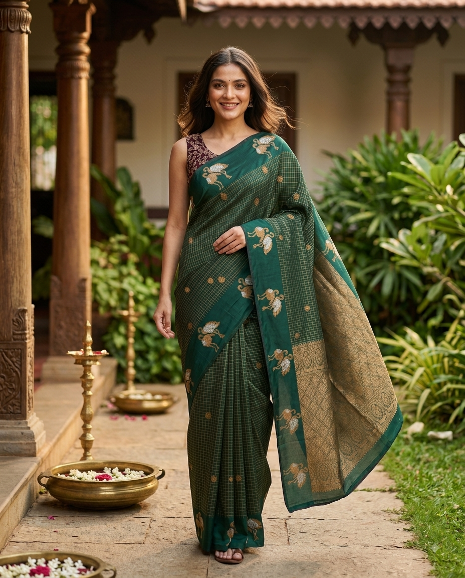 Bottle Green and Gold Semi Raw Silk Saree