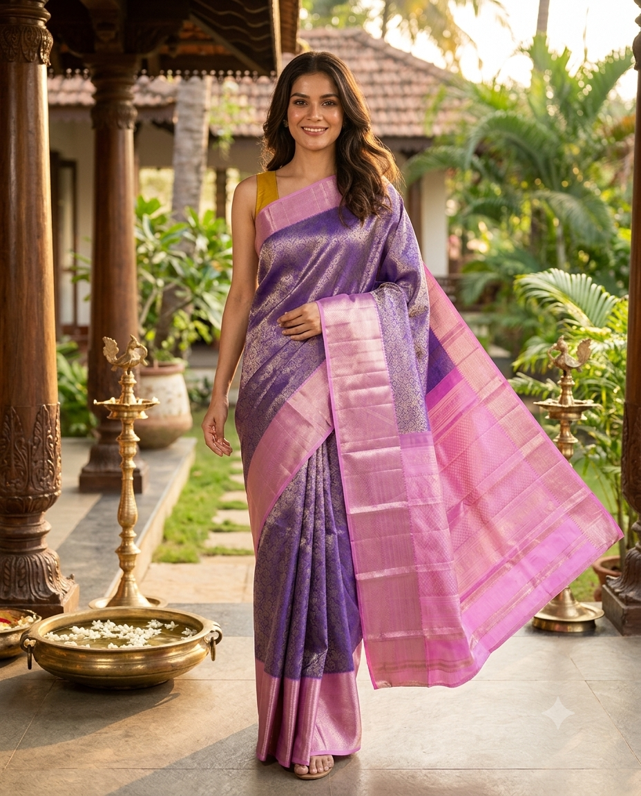 Lavender Purple and Pastel Pink Pure Kanchipuram Silk Saree