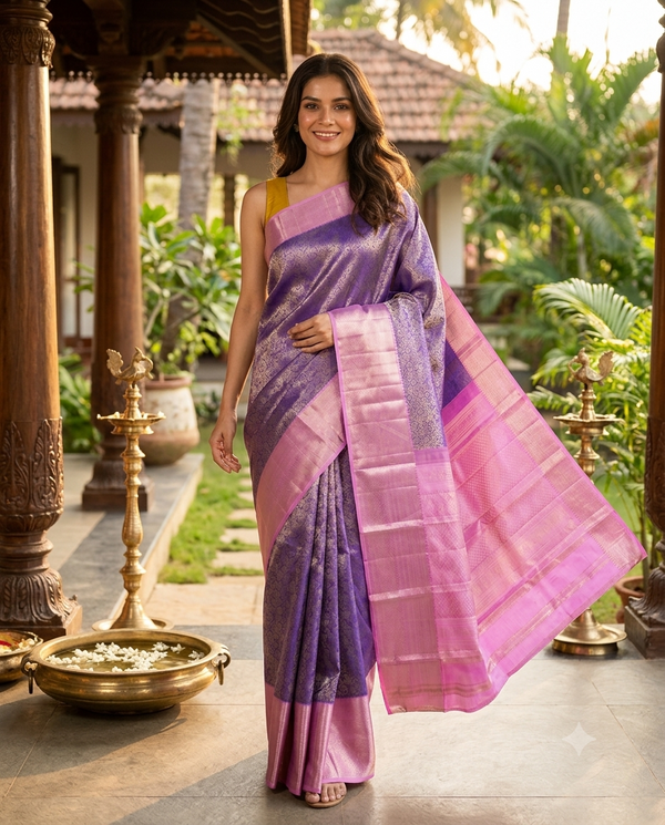 Lavender Purple and Pastel Pink Pure Kanchipuram Silk Saree