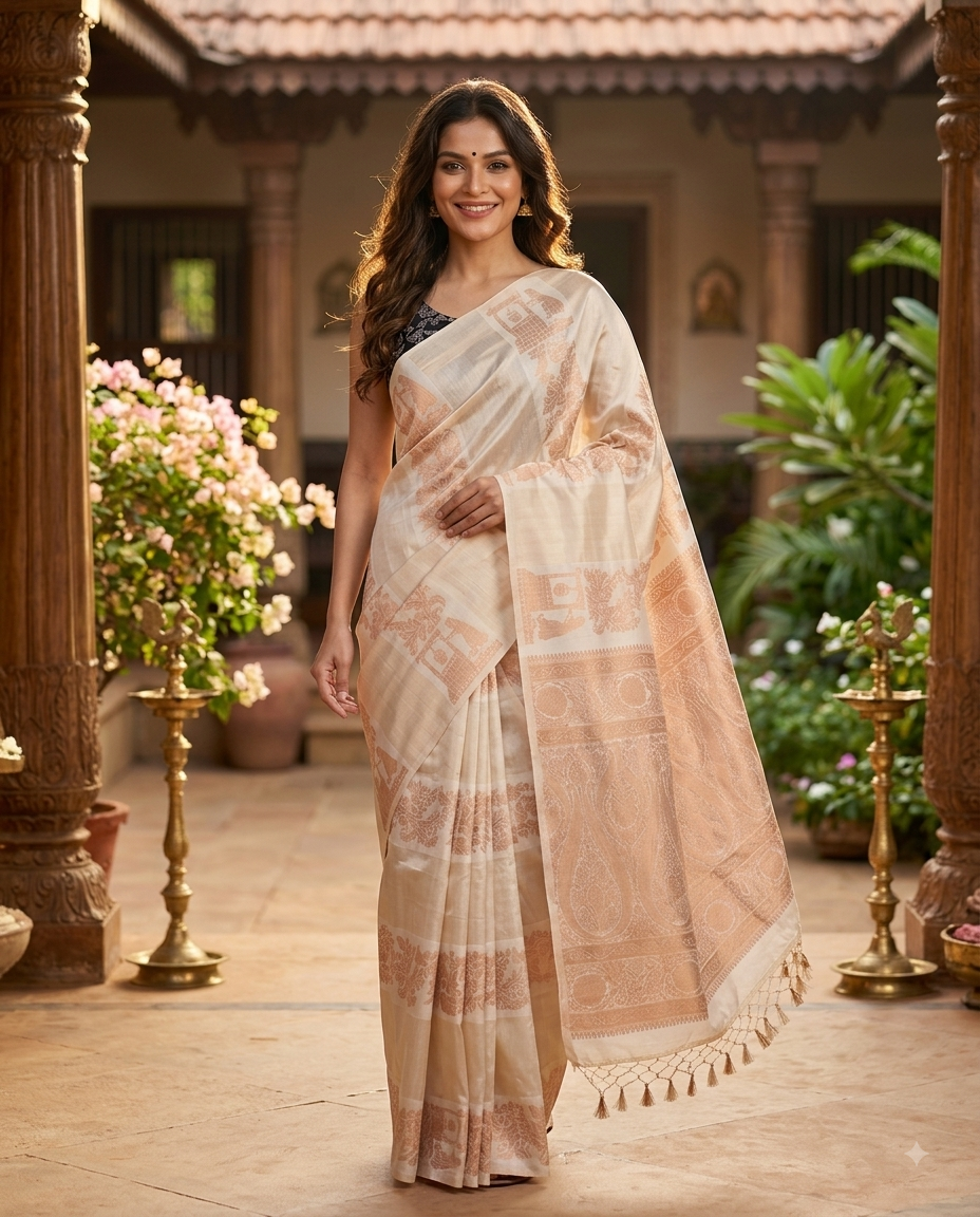 Cream and Copper Semi Raw Silk Saree