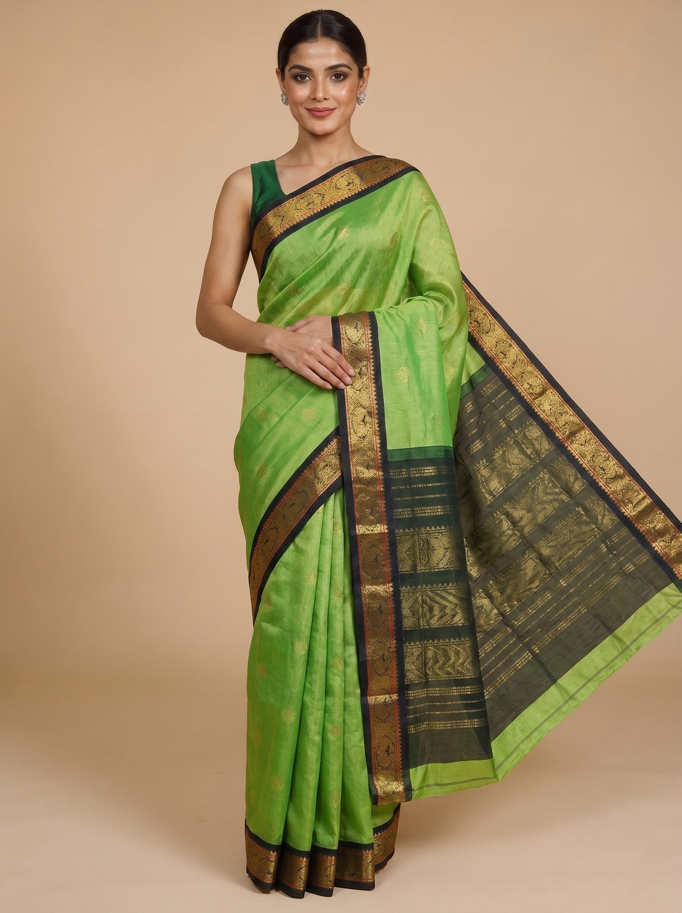 Elegant Parrot Green with Traditional Zari Border Pure Silk Cotton Saree