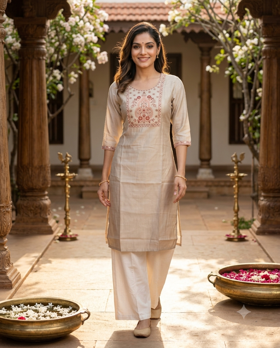 Beige Floral Embroidered Cotton Straight Cut Top