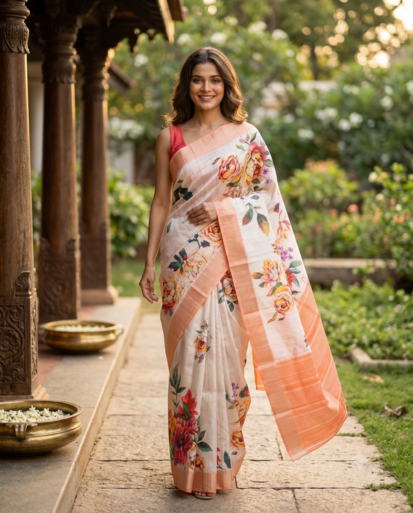 Cream with Peach - Semi Tussar Saree