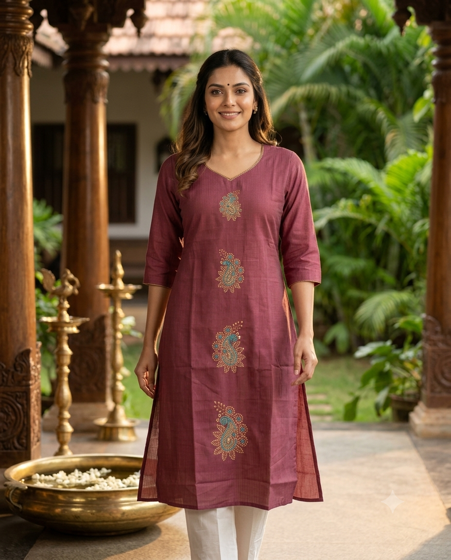 Wine Paisley Embroidered Art Silk Straight Cut Top