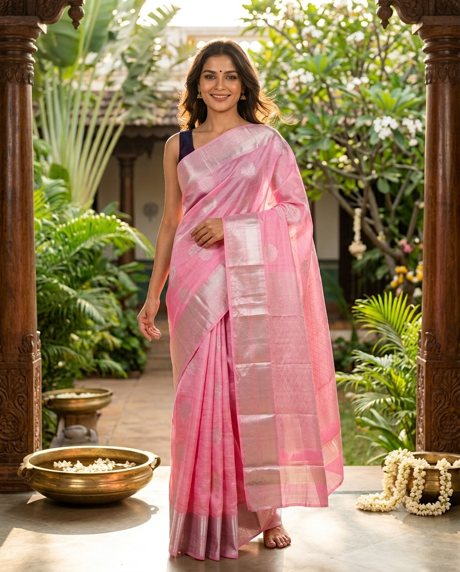 Bubblegum Pink with gray Pure Kanjivaram Silk Saree