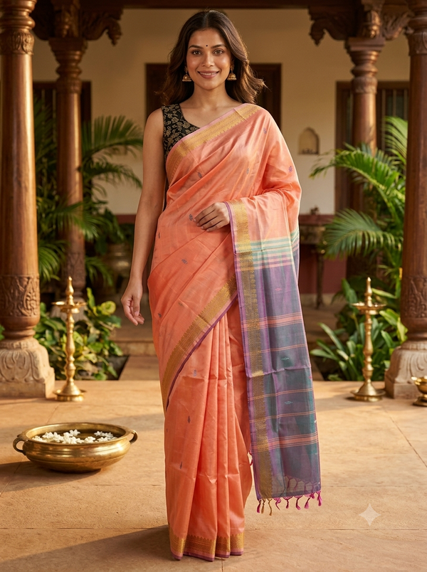 Peach and Grey Banana Silk Sarees