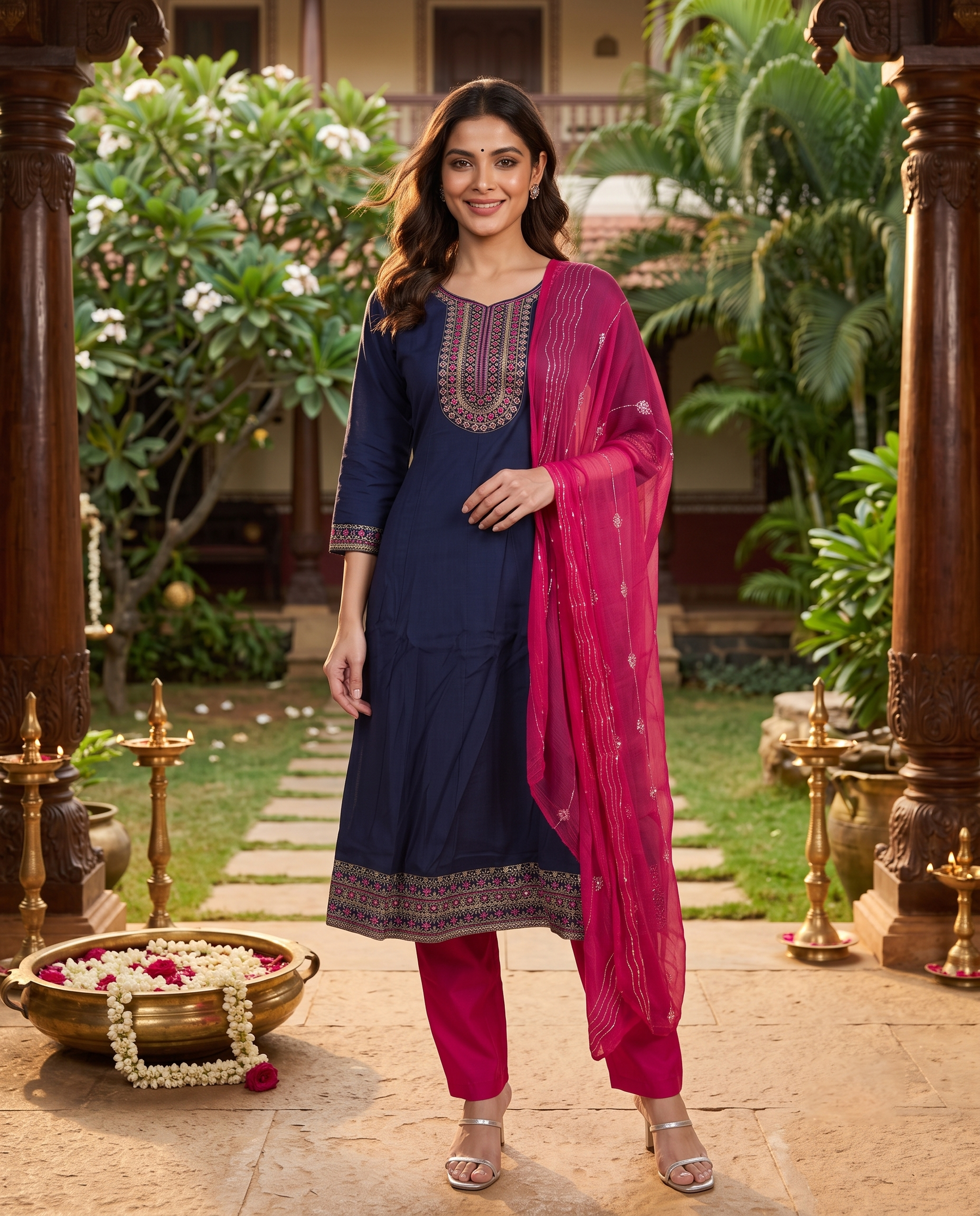 Navy Blue with Magenta Dupatta Anarkali Kurti  Set