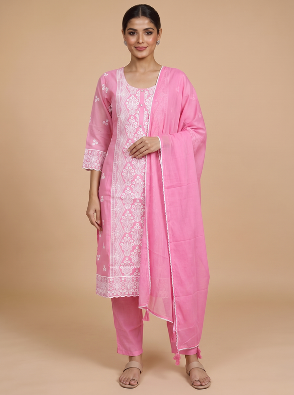 Pink with White Dupatta Ready Made Straight Cut Kurti Set