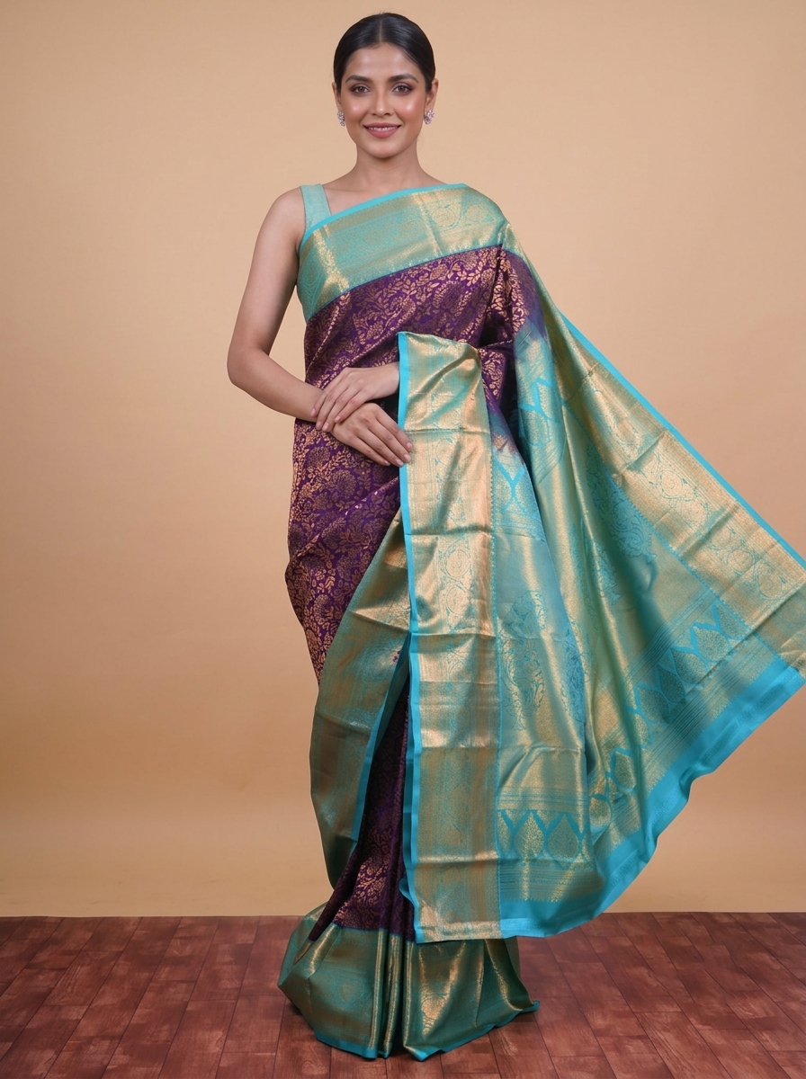 Deep Purple and Sea Green Pure Kanchipuram Silk Saree