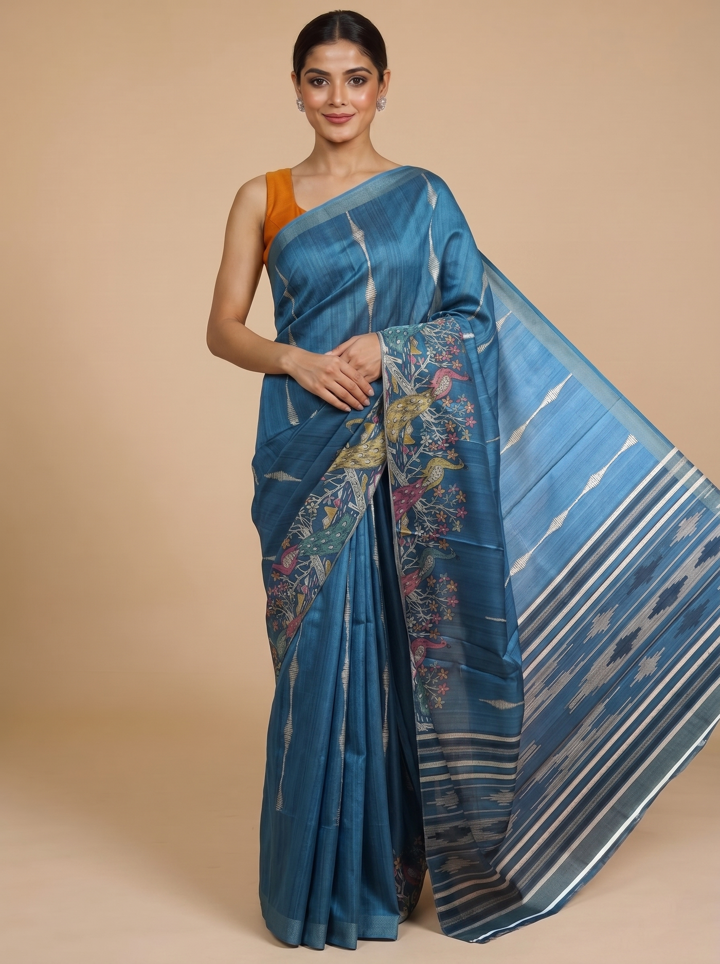 Steel Blue With  Multi-Color Accents - Semi Tussar Saree