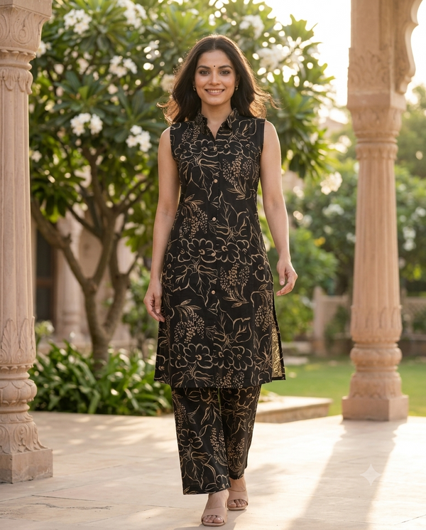 Black Gold Floral Printed Cotton Co-ord Set Kurti Set