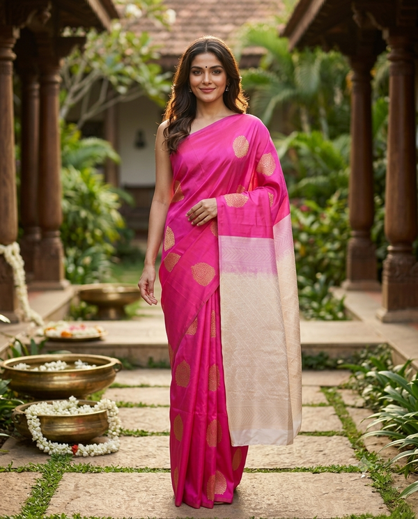 Magenta Pink with Off-White Semi Silk Saree