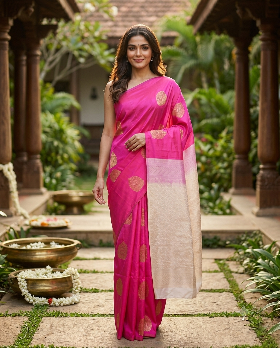Pink with Off-White - Kanchi  Semi Silk Saree