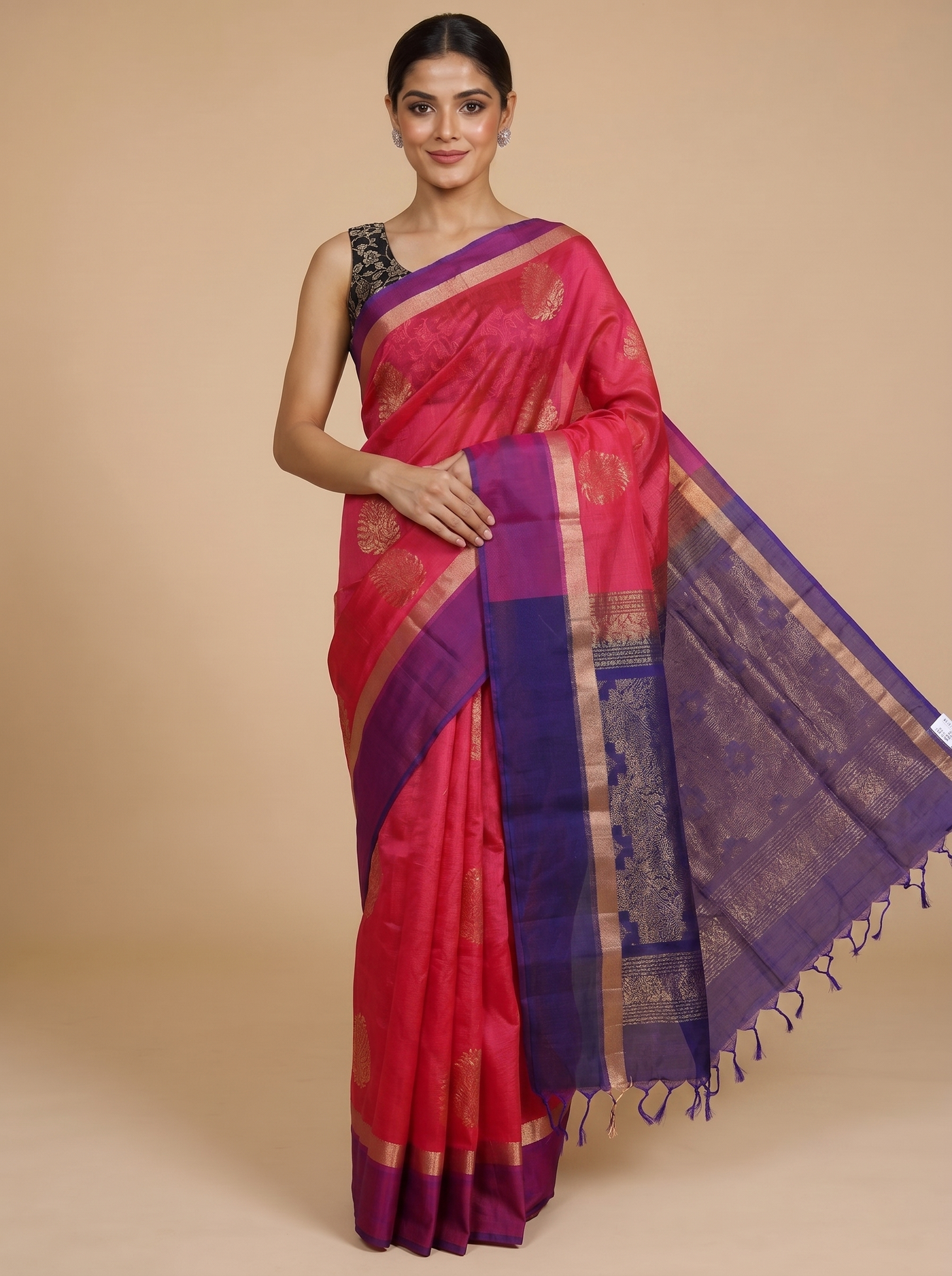 Vibrant Pink and Violet-Blue with Traditional Zari Border Pure Silk Cotton Saree