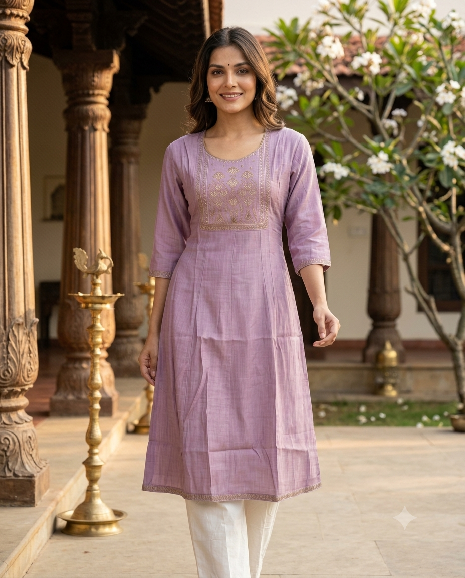 Lavender Zari Embroidered Cotton Anarkali Top