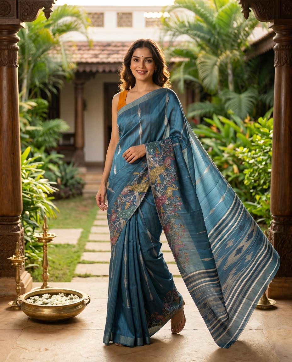 Steel Blue With  Multi-Color Accents - Semi Tussar Saree