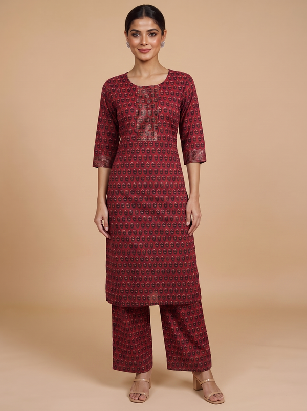 Maroon Printed Cotton Kurti Set