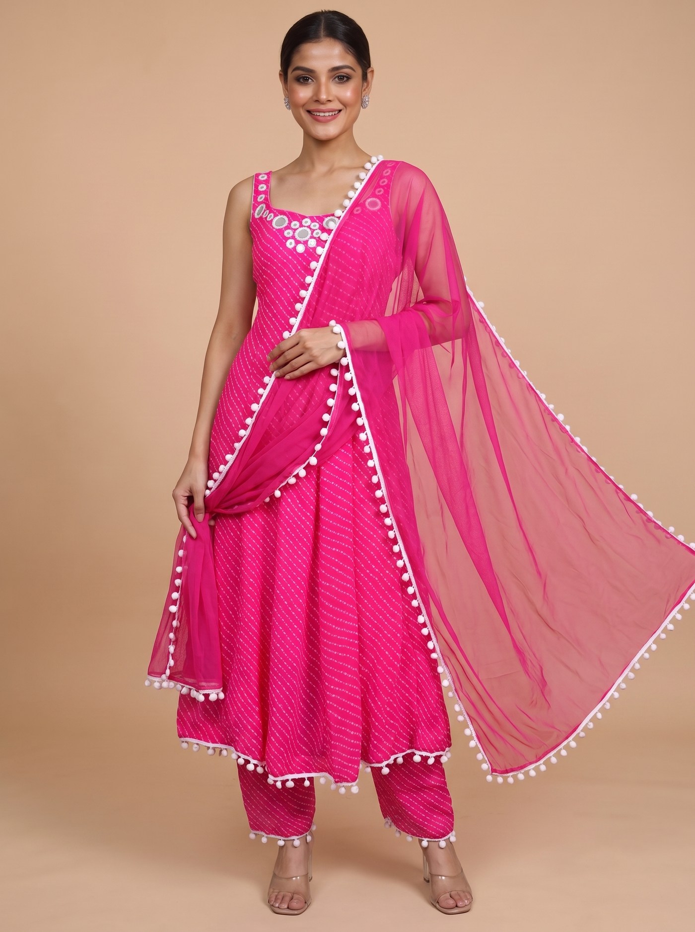 Pink with white border Dupatta Ready Made Kurti Set