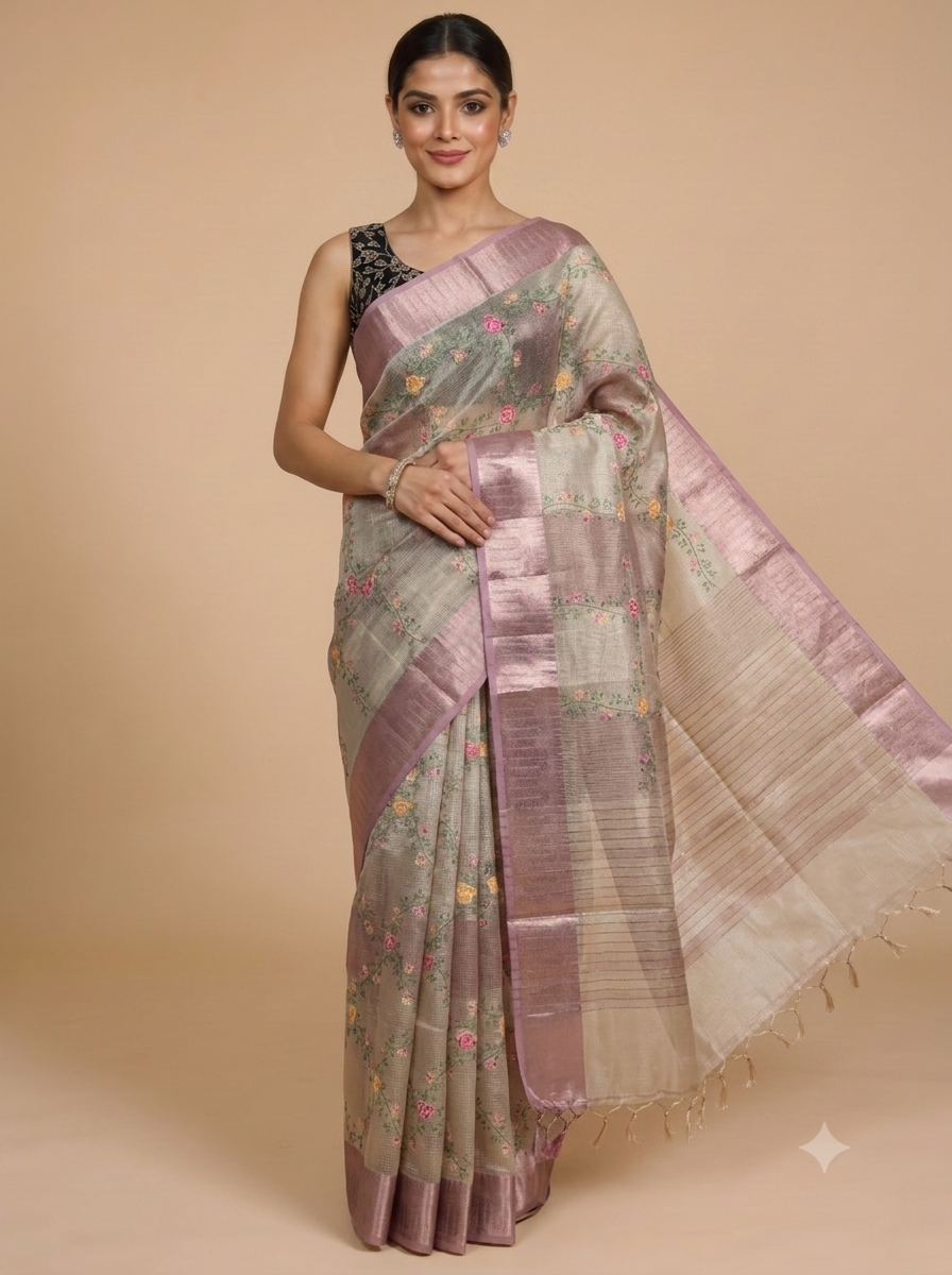 Beige and Mauve Pink Linen Cotton Saree